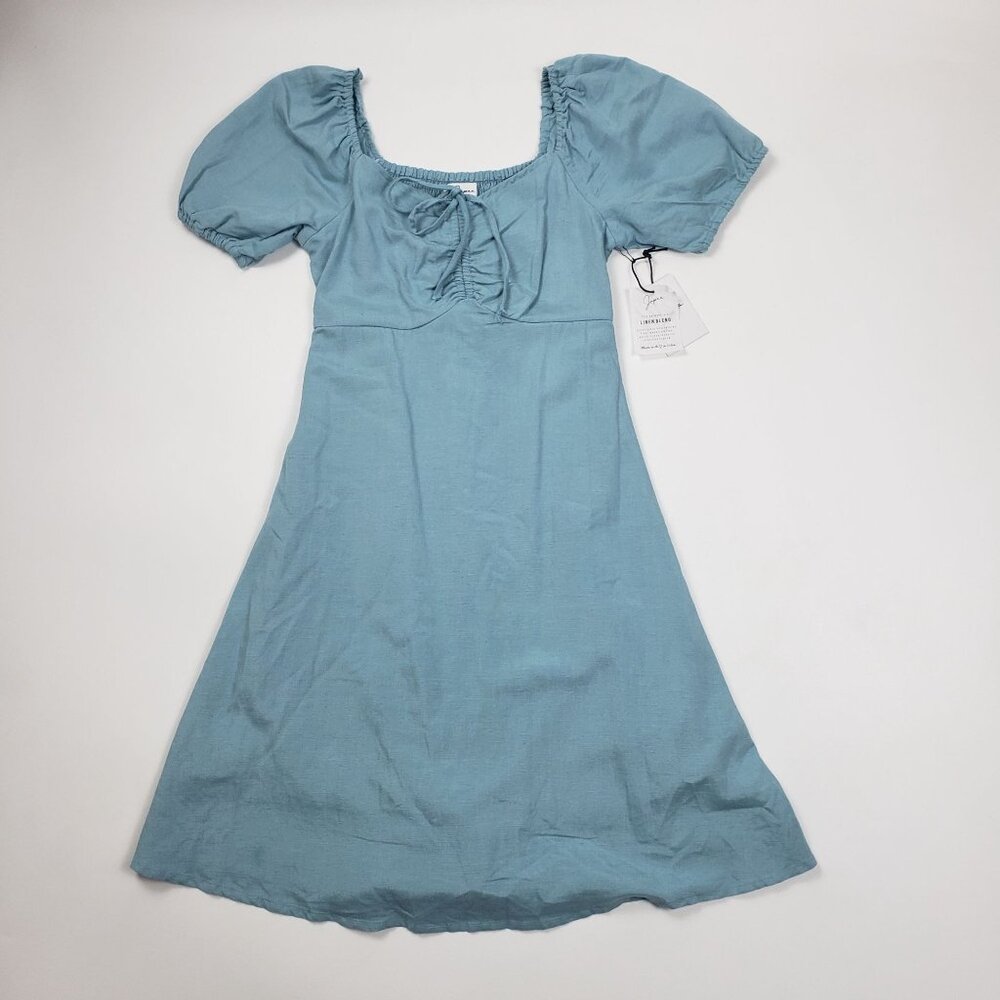 Japna Linen Blend Midi Dress Womens Small Blue Puff Sleeve Milkmaid Babydoll NWT - Picture 4 of 16